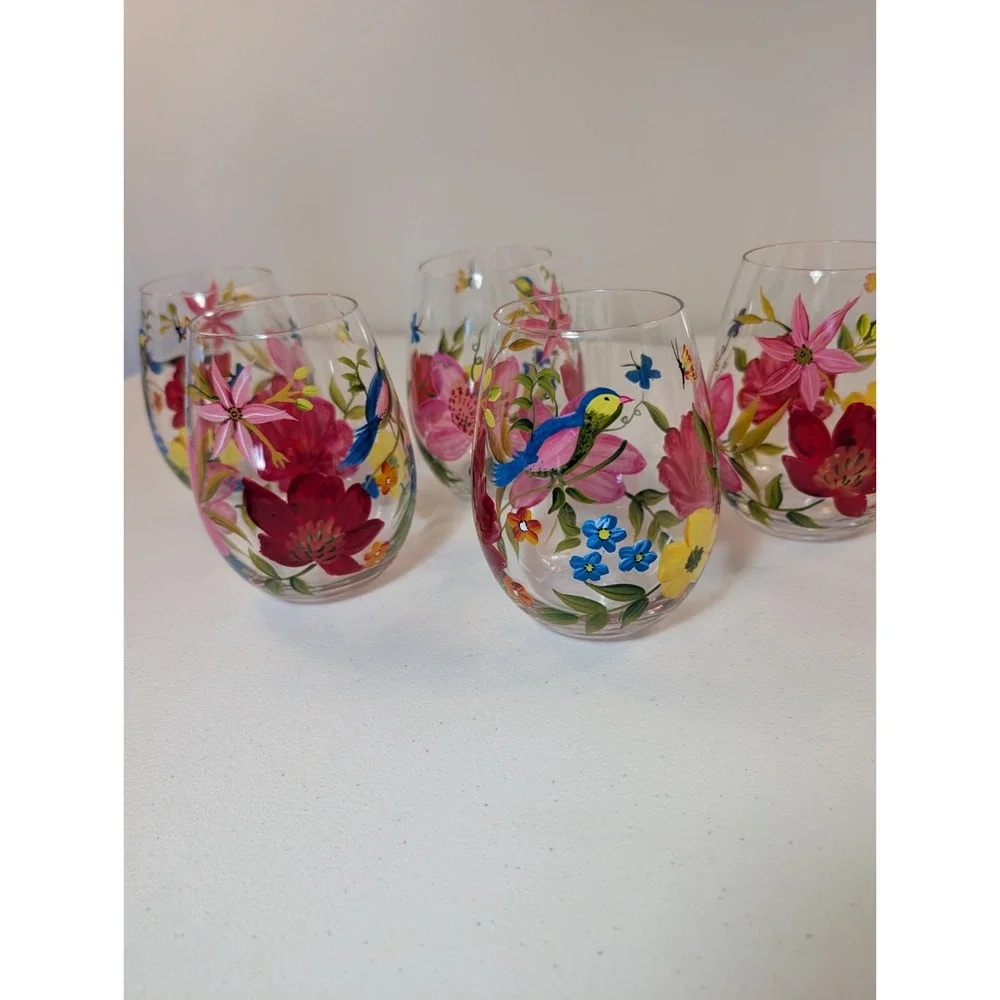 Pier 1 Happy Blooms Hand Painted Stemless Wine Glasses Birds FlowersSet of 5